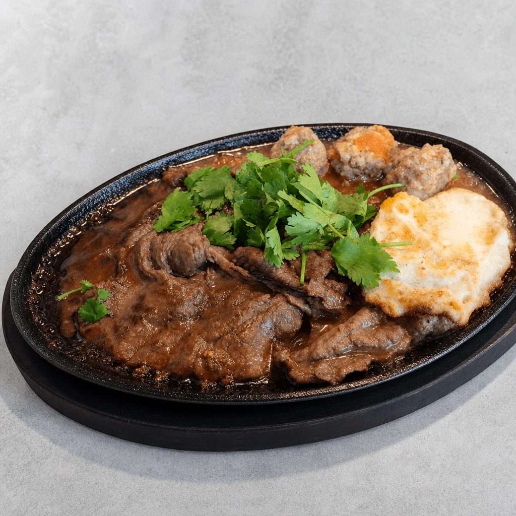 S8. Sizzling Beef Steak, Pork & Fried Egg w/ Bread (Bo Ne).